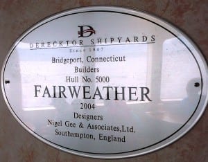 A dedication plaque posted inside the fast ferry documents completion of the Fairweather's hull.