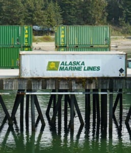 Alaska Marine Lines containers wait for loading on Yakutat's dock. AML is part of Lynden Inc. Image by Ed Schoenfeld, CoastAlaska News.