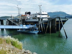 The LeConte docks at Juneau's Auke Bay terminal in June. A broken bow thruster knocked it out of service this week. (Ed Schoenfeld/CoastAlaska News)