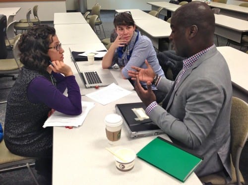 KCAW news fellow Emily Forman (l) and reporter Rachel Waldholz discuss reporting technique with NPR's Sonari Glinton. (KCAW photo/Shady Grove Oliver)