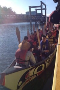 Paddlers in the three canoes come from Kake, Wrangell, and Ketchikan. They'll meet up with canoes from around Southeast on the route  to Juneau. (Photo courtesy of Dawn Jackson)