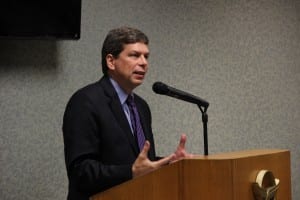Sen. Mark Begich speaking to the Sitka Chamber recently. He says Sen. Rubio has to "put down a scorecard" on Magnuson-Stevens," but the final bill will support Alaska's fisheries.