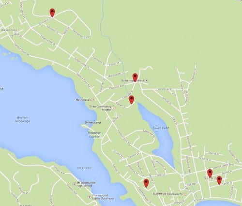 Burglaries were reported on Biorka, Etolin, and Charteris Streets, Peterson and Moller Avenues and Tlingit Way. (Map by Multiplottr)