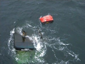The F/V Eyak capsized near Calligan Island south of  Sitka Sound, January 21, 2015. (Photo courtesy of USCG)