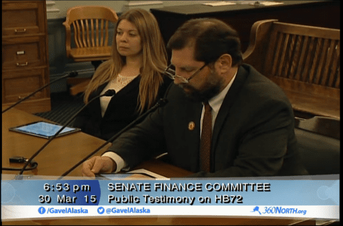 Jennifer Robinson, of the Sitka Chamber of Commerce and School Board, testified before the Senate Finance Committee along with School Board President Lon Garrison. (Photo courtesy of Gavel to Gavel)