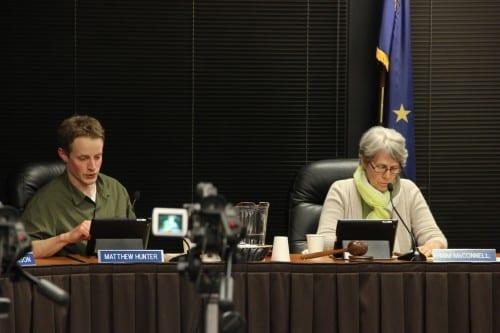 Deputy Mayor Matt Hunter and Mayor Mim McConnell during Tuesday night's Sitka Assembly meeting. (Rachel Waldholz/KCAW)