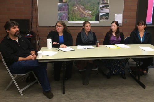 From left, John Raasch, of Youth Advocates of Sitka; Marita Bailey, Amy Zanuzoski and Carol Berge, of Sitka Counseling and Prevention Services; and Parcae Soule, of SEARHC, spoke about counseling resources available to Sitkans. (Rachel Waldholz, KCAW)