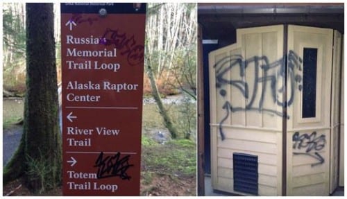 The graffiti cleans easily off the new directional signs (left), but wooden surfaces will have to wait for warmer, dryer weather before they can be repainted. (SNHP photos)