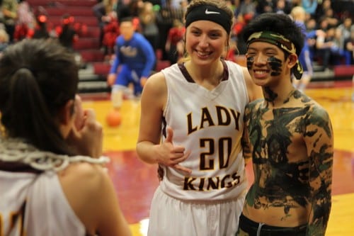 Alexis Biggerstaff can't camouflage her enthusiasm for the Lady Kings' win on Friday. (KCAW photo/Robert Woolsey)