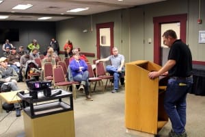 ADF&G biologist Dave Gordon speaks to seiners and processors at a pre-season meeting Wednesday afternoon (3-16-16). "Let's get rolling," he said. (KCAW photo/Woolsey)