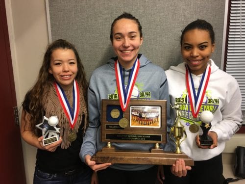 From L to R: Rachelle Persson (All State Team; Best Defensive Specialist Award), Haylee Steffes (All State Team), and Zhane White (2nd time selection to All State Team; Best Setter Award). (Photo courtesy of Mike Mahoney)
