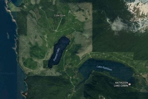 The former airstrip at Cube Cove is clearly visible just to the north of Peanut Lake. 