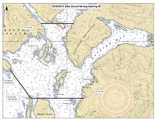 These are the boundaries of today's opening in the Sitka Sound sac roe herring fishery. (Image from ADF&G)