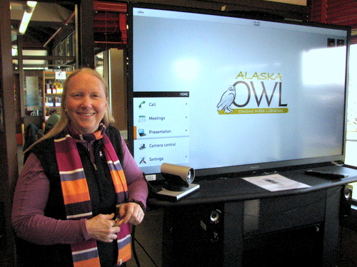 Kettleson Library director Sarah Bell with the new videoconferencing system "Online With Libraries." (KCAW photo/Robert Woolsey)