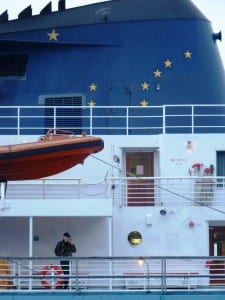 The ferry Matanuska docks in Wrangell, giving a passenger a chance to make a cell phone call. Photo by Ed Schoenfeld, CoastAlaska News.