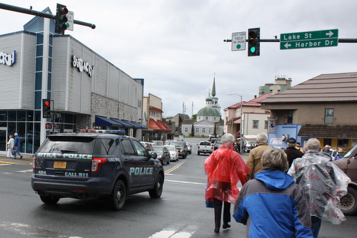 A Sitka police car drives through downtown on Wednesday, June 5, 2013. The police department says it's understaffed and needs more personnel to handle patrol duties in Sitka. (KCAW photo by Ed Ronco)