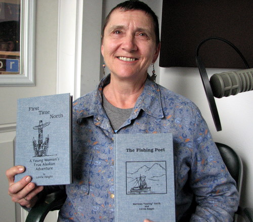 Author Lorrie Haight with handbound copies of her memoir and a collection of the late Harrison "Smitty" Smith's poetry. (KCAW photo/Robert Woolsey)