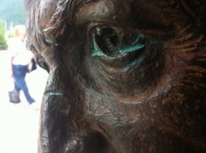 The gouge on Baranov's nose, and several on the head, were reported to city staff on Monday, but have probably been there about a month. When the statue was originally unveiled, someone vandalized its nose, but the artist then was able to repair the damage quickly. (KCAW photo by Ed Ronco)