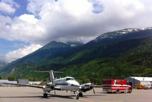 A Guardian Flight turboprop prepares to take off from Skagway's airport in June. The company is taking over all medevacs for the SouthEast Alaska Regional Health Consortium. (Image courtesy Guardian Flight Facebook page)