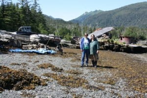 Phyllis Mulligan and Karen Lucas at the boat graveyard in the back lagoon at Port Alexander.