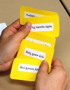 Cards with written Tlingit words are used during a language game during the clan conference. (Ed Schoenfeld/CoastAlaska News)