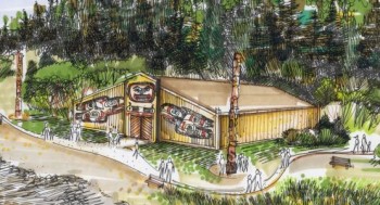 An artist's rendition of the Huna Tribal House in Glacier Bay. (National Park Service.)