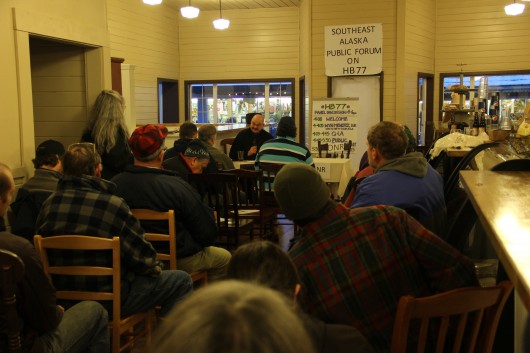 About forty people turned out for a meeting organized by the Sitka Conservation Society to discuss HB77, a controversial permitting bill before the Alaska legislature. (KCAW photo/Rachel Waldholz)