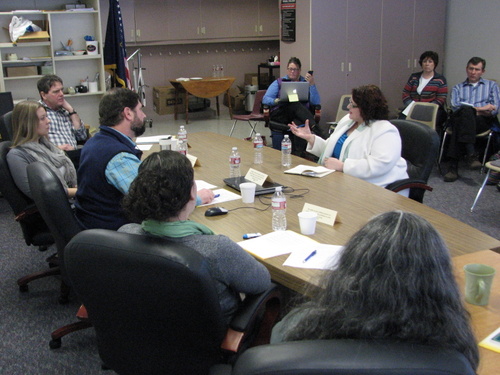 Mary Wegner interviews with the Sitka School Board. (KCAW photo/Robert Woolsey)