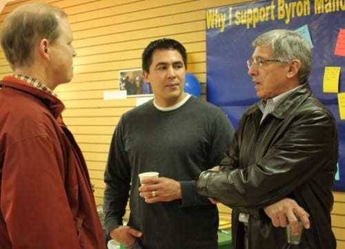 Byron Mallott, right, mingles with visitors at the open house of his campaign headquarters in Juneau. Mallott will leave Sealaska’s board of directors next month to concentrate of his race for governor. (Lisa Phu/KTOO)