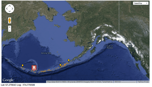 A map from the National Tsunami Warning Center shows the location of Monday's 8.0 magnitude earthquake in the Western Aleutians, indicated by the house. (Map courtesy of NTWC)