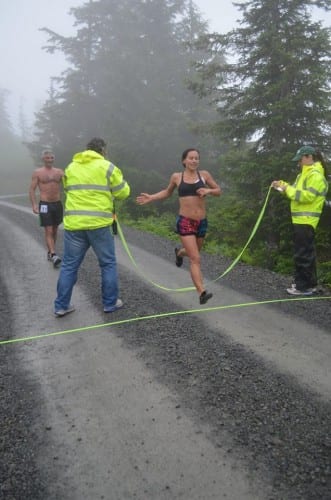 Women's champion Tasha Folsom crosses the finish line on Harbor Mt. (Sitka Alpine Adventure photo)