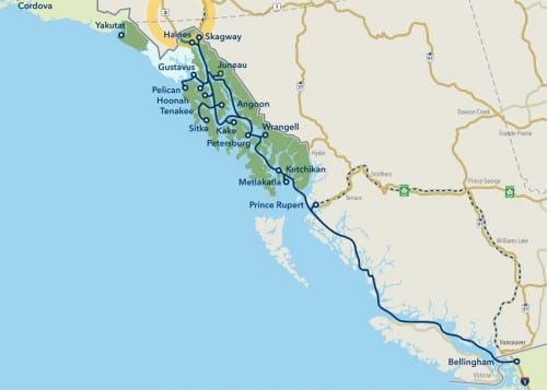 State ferries run from Bellingham, Wash., to Haines and Skagway. Ships also sail across the Gulf of Alaska and to Southeast ports. (Map courtesy AMHS)