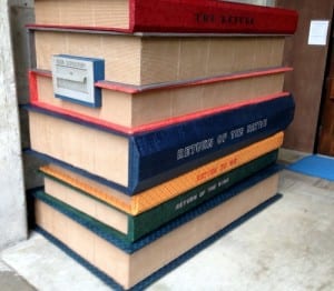 Possibly the coolest book return ever, this piece of art was created by volunteer Mat Turner. (KCAW photo/Robert Woolsey)