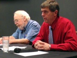 Candidates Tom Conley (l.) and Tim Fulton are familiar company. They served three years together previously on the school board. Funding pressures have kept the board focused -- and united -- in recent years. (KCAW photo/Robert Woolsey)