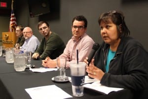 Five candidates running for two seats on the Sitka Assembly (l to r): Steven Eisenbeisz, Thor Christianson, Aaron Wamsley, Tristan Guevin, Lillian Feldpausch. (KCAW photo/Rachel Waldholz)