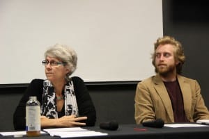 Mim McConnell and Orion Hughes-Knowles take questions at the Sitka Chamber of Commerce's Mayoral Forum. (KCAW photo/Rachel Waldholz)