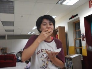Mt. Edgecumbe High School student Korbin Storms chows down on salmon caviar.(KCAW photo/Rich McClear)