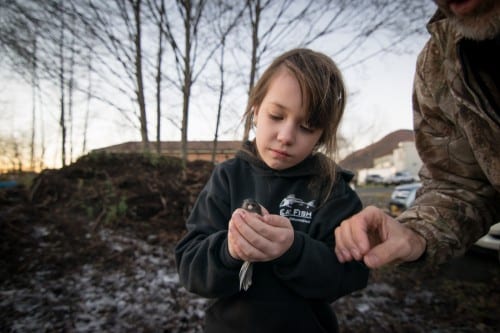 A student in the Sitka Conservation Society's 4H program holds a junco. (Photo by Bethany Goodrich, Sitka Conservation Society)