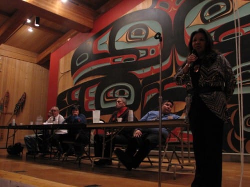 Moreno with fellow candidates for Tribal Council (Emily Kwong/KCAW photo)