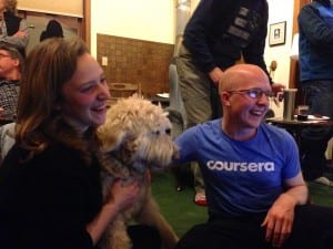 Sitka Democrat Jonathan Kreiss-Tomkins celebrates with campaign manager Berett Wilber. Kreiss-Tomkins beat back a challenge from Petersburg Republican Steven Samuelson in state House District 35. (KCAW photo/Emily Kwong)