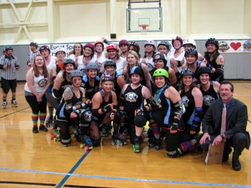 The Sitka Sound Slayers after their 335-163 victory over the Garnet Grit Betties. This was the second team the Slayers have bouted in Southeast and they hope to invite more. (Emily Kwong/KCAW photo)