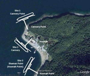This image from the 2012 Hoonah Berthing Facility Site Alternative Analysis Report shows three possible dock locations. (Courtesy PND Engineers)