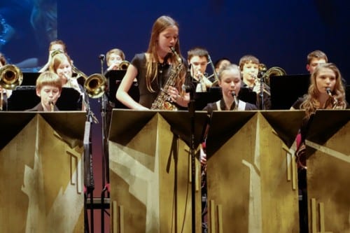 During their performance, students from the Blatchley Jazz Band I took turns showing off their skills. (Emily Kwong/KCAW photo)