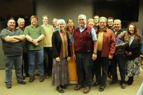 The Sitka Assembly and Sitka Tribal Council met on January 30, 2015. From left, Wilbur Brown, Rob Allen, Aaron Swanson, Matt Hunter, Mark Gorman, Mim McConnell, Mike Baines, Michelle Putz, Steven Eisenbeisz, Lawrence SpottedBird, Tristan Guevin, Harvey Kitka, and Rachel Moreno. (KCAW photo/Rachel Waldholz)