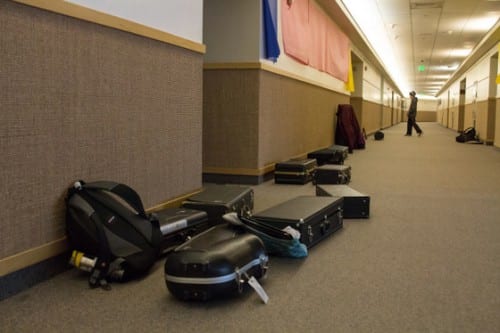 The hallways were quiet and littered with cases, while behind classroom doors, could be heard jazz music of all kinds. (Emily Kwong/KCAW photo)