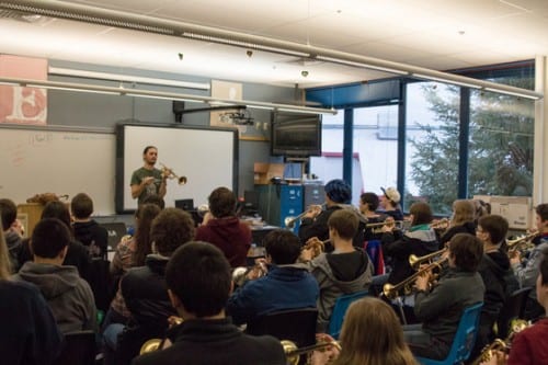 Darren English is a jazz trumpeter from Cape Town, South Africa and spent the weekend teaching his craft to students. (Emily Kwong/KCAW photo)