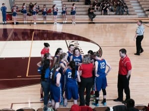 The Sitka Lady Wolves take a timeout during Region V Tournament play in Ketchikan (KCAW photo/Ingfrid Olney-Miller)