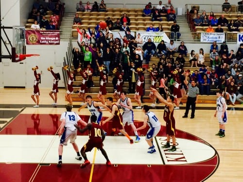 The Mt. Edgecumbe Braves at the line, in their win over Petersburg Tuesday. (KCAW photo/Ingfrid Olney-Miller)