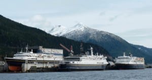 Three ferries tied up at the Ketchikan Shipyard in the winter of 2012. Commercial users will likely pay higher rates beginning next winter. (Ed Schoenfeld/CoastAlaska News)