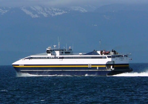 The fast ferry Fairweather sails Chatham Strait, between Admiralty and Chichagof islands in 2010. One of its four new engines broke March 7 while sailing Prince William Sound. (Ed Schoenfeld/CoastAlaska News)